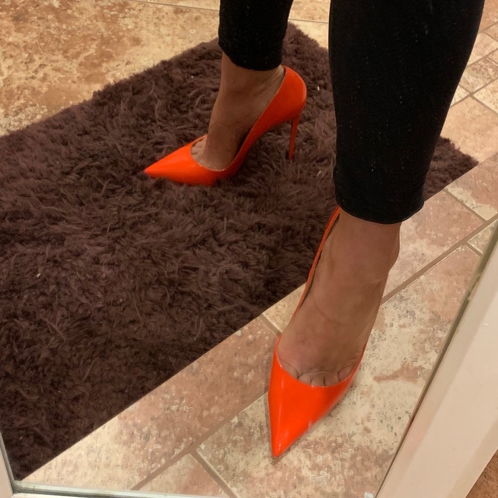 Christian Louboutin Glossy Papaya Patent Pointed-Toe Stilettos - Picture 8 of 9